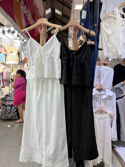 Cotton Spaghetti Straps Ruched Up tops with Wide Leg Pants